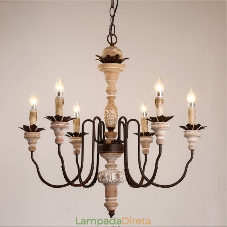 Lustre de madeira vintage country com 6 luzes Lustre de madeira vintage country com 6 luzes