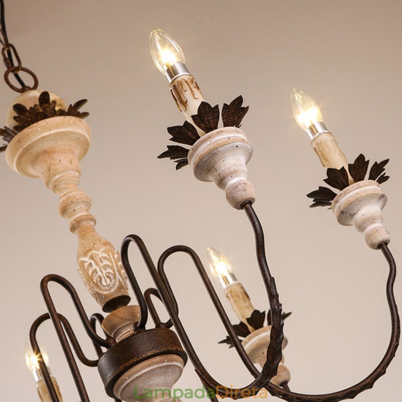 Lustre de madeira vintage country com 6 luzes