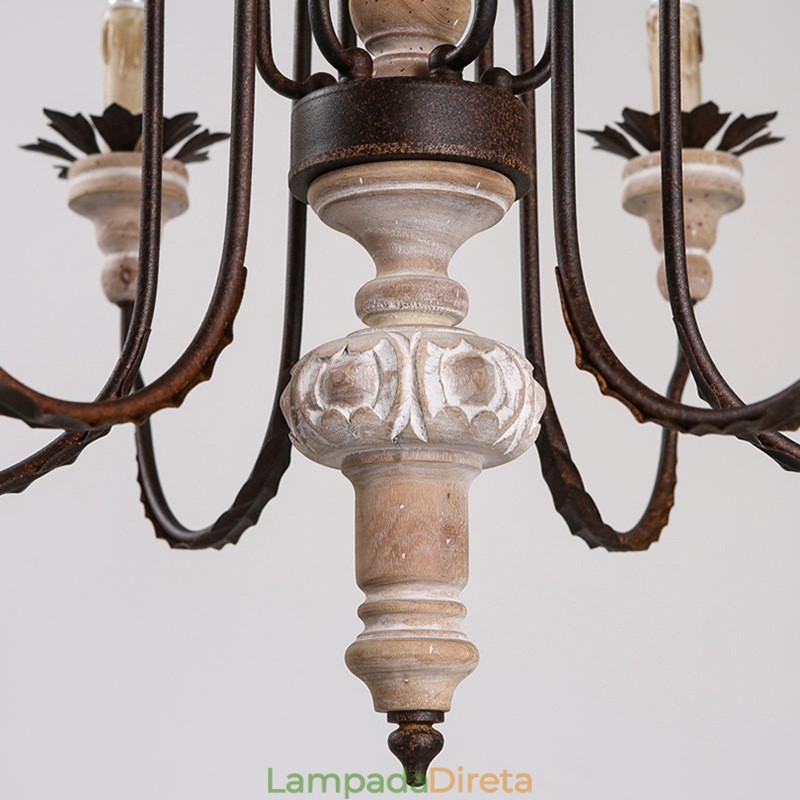 Lustre de madeira vintage country com 6 luzes