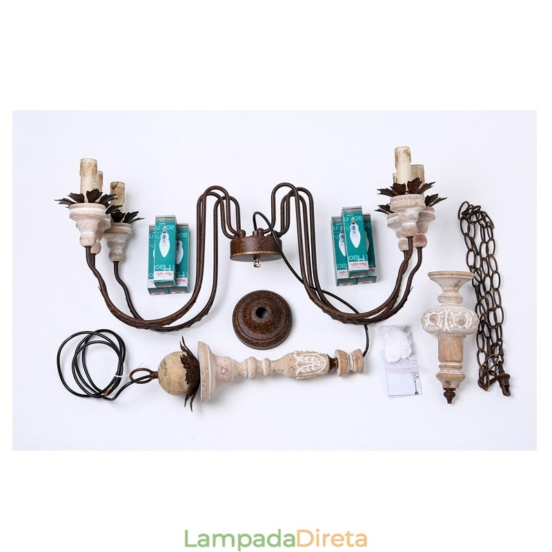 Lustre de madeira vintage country com 6 luzes