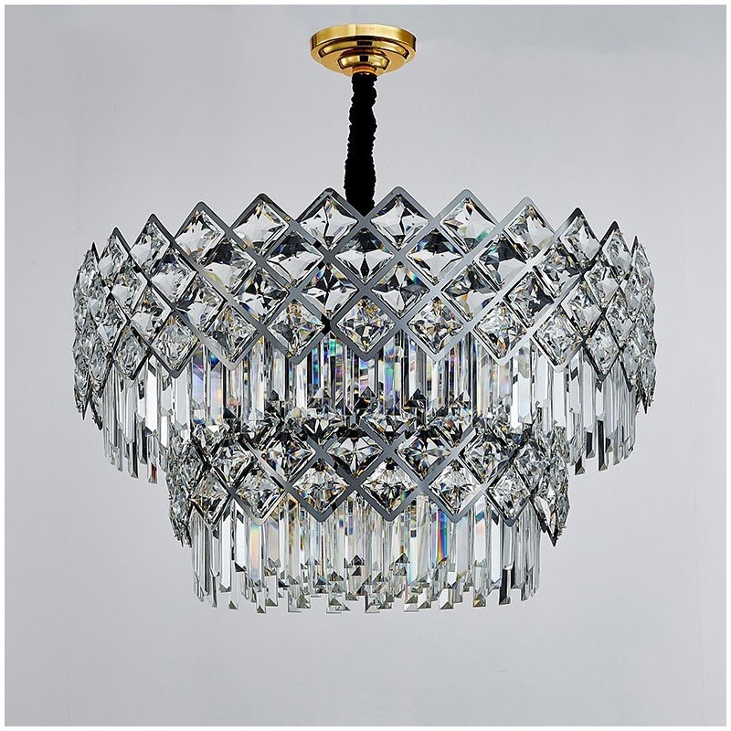 Lustre de pingente de cristal K9 redondo preto e dourado de luxo pós-moderno de dois níveis