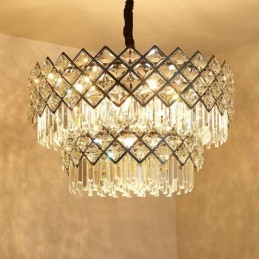 Lustre de pingente de cristal K9 redondo preto e dourado de luxo pós-moderno de dois níveis