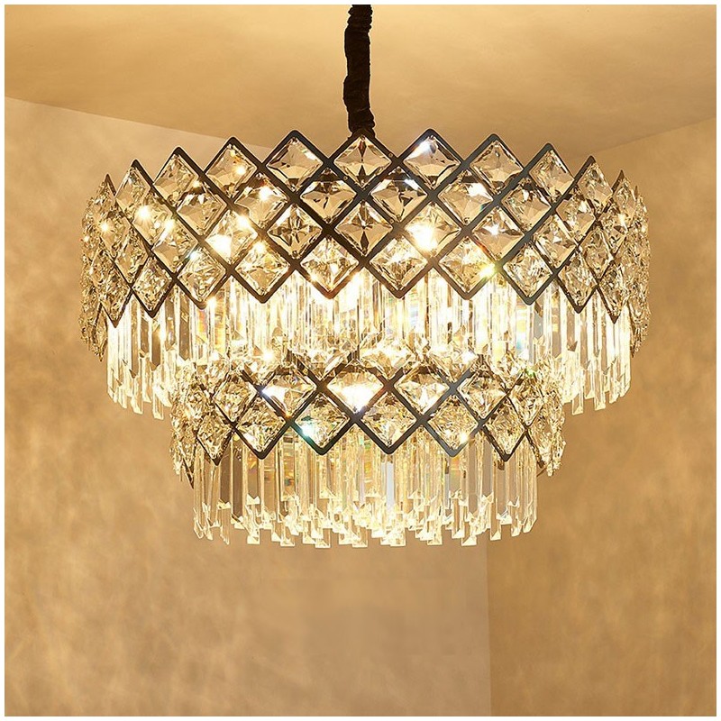 Lustre de pingente de cristal K9 redondo preto e dourado de luxo pós-moderno de dois níveis