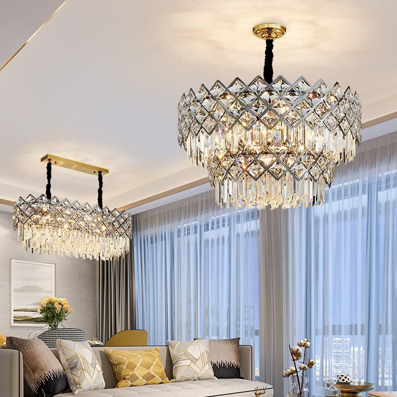 Lustre de pingente de cristal K9 redondo preto e dourado de luxo pós-moderno de dois níveis