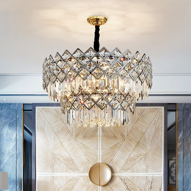 Lustre de pingente de cristal K9 redondo preto e dourado de luxo pós-moderno de dois níveis