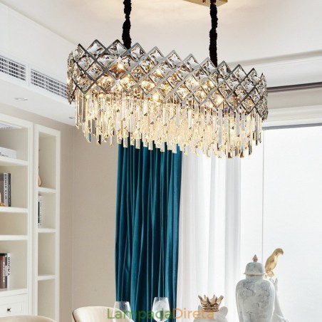 Lustre de pingente de cristal K9 redondo de prata pós-moderno de luxo Lustre de pingente de cristal K9 redondo de prata pós-moderno de luxo