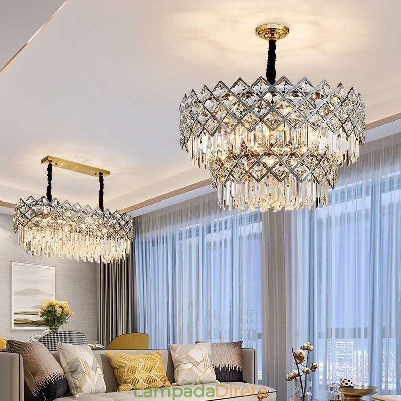 Lustre de pingente de cristal K9 redondo de prata pós-moderno de luxo