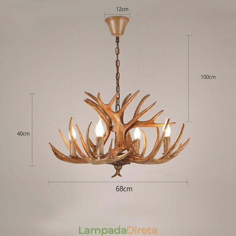 Lustre antigo de chifre retrô artístico rústico de 4 luzes
