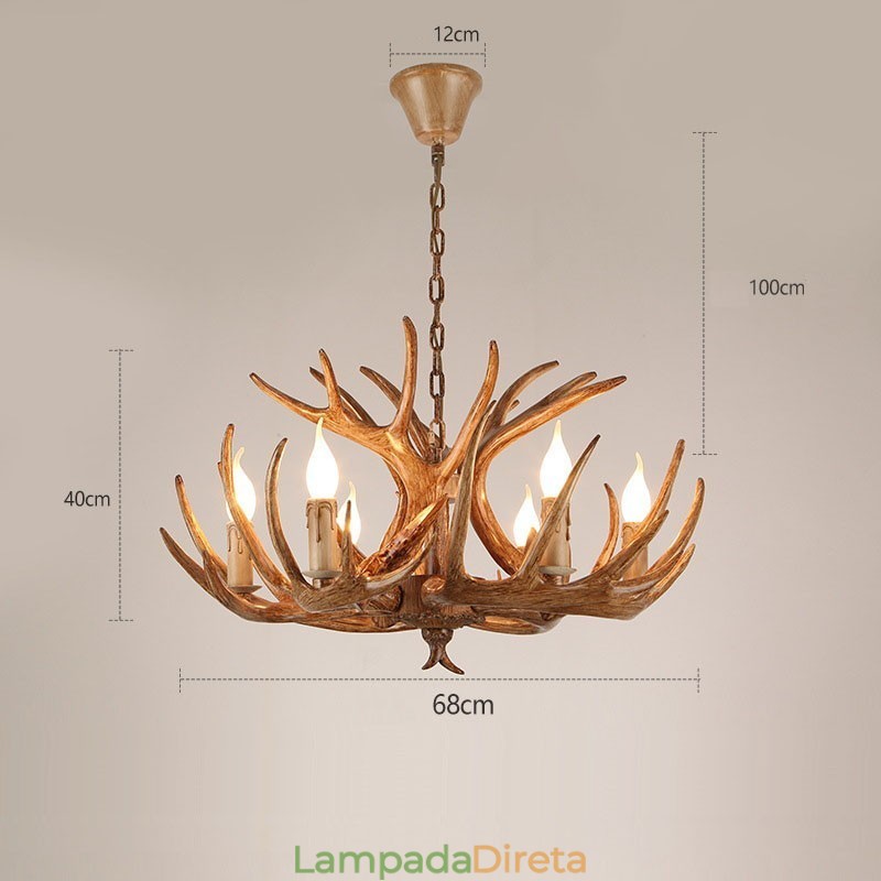 Lustre antigo de chifre retrô artístico rústico de 6 luzes