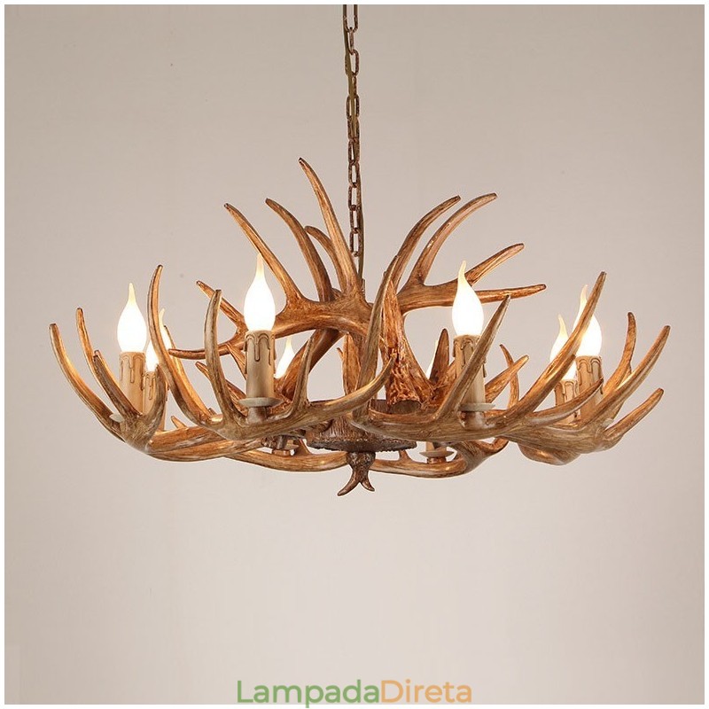 Lustre antigo de chifre retrô artístico rústico de 8 luzes