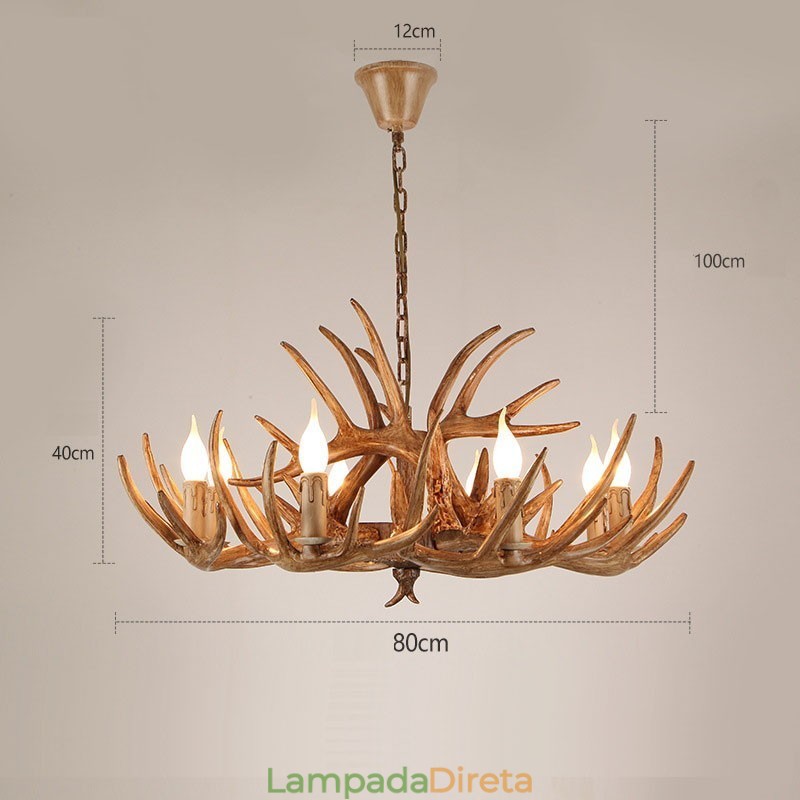 Lustre antigo de chifre retrô artístico rústico de 8 luzes