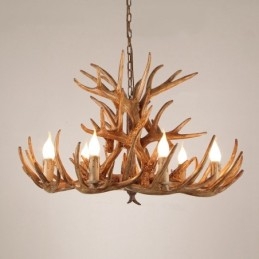 Lustre antigo de chifre retrô artístico rústico de três níveis com 9 luzes