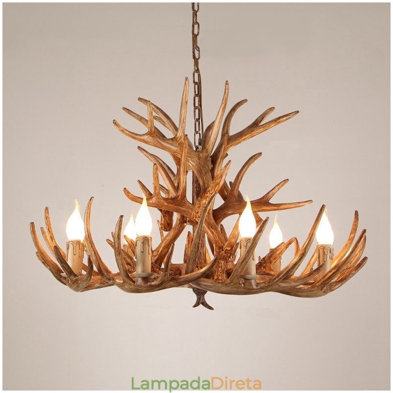 Lustre antigo de chifre retrô artístico rústico de três níveis com 9 luzes