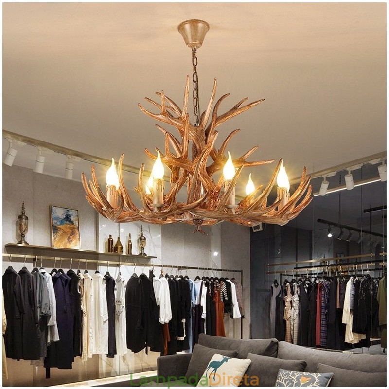 Lustre antigo de chifre retrô artístico rústico de três níveis com 9 luzes