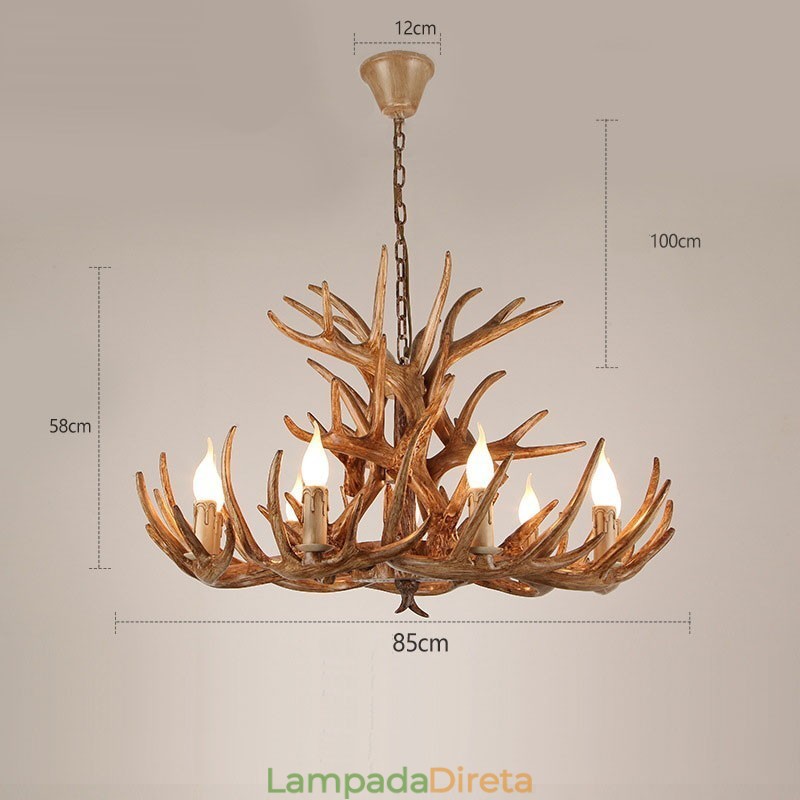 Lustre antigo de chifre retrô artístico rústico de três níveis com 9 luzes