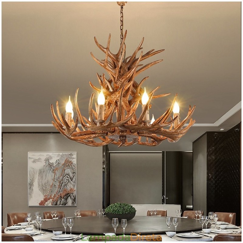 Lustre antigo de chifre retrô artístico rústico de 9 luzes e 4 camadas