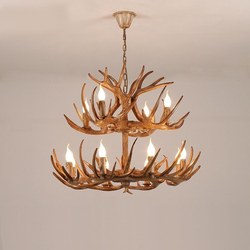12 (8+4) Lustre antigo de chifres retrô artístico rústico de 2 níveis