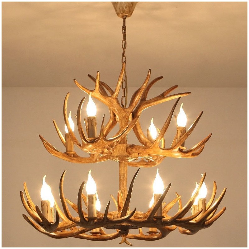 12 (8+4) Lustre antigo de chifres retrô artístico rústico de 2 níveis