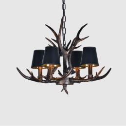 Lustre antigo de chifre retrô artístico rústico preto de 4 luzes com abajures