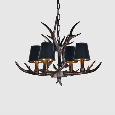 Lustre antigo de chifre retrô artístico rústico preto de 4 luzes com abajures Lustre antigo de chifre retrô artístico rústico preto de 4 luzes com abajures