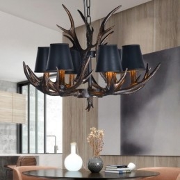 Lustre antigo de chifre retrô artístico rústico preto de 6 luzes com abajures