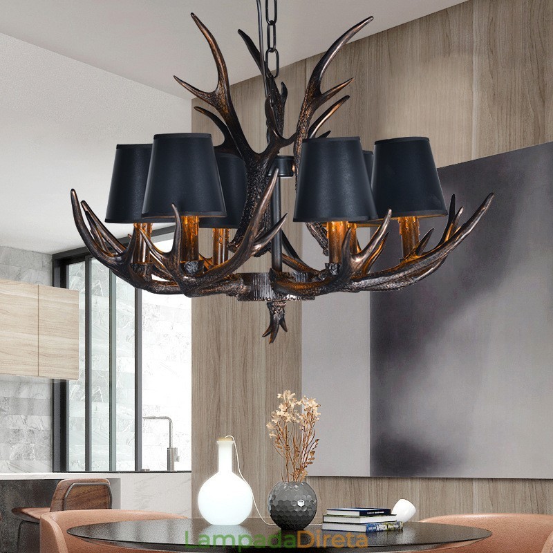 Lustre antigo de chifre retrô artístico rústico preto de 6 luzes com abajures