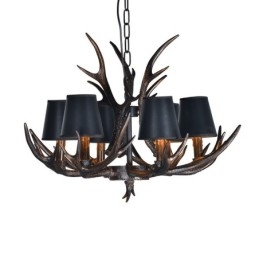 Lustre antigo de chifre retrô artístico rústico preto de 6 luzes com abajures