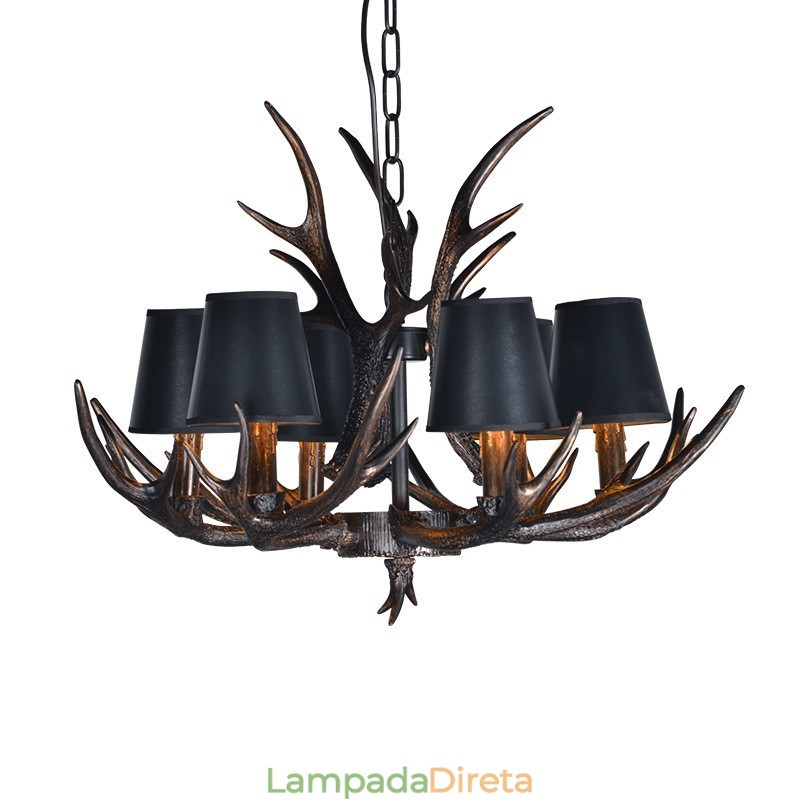 Lustre antigo de chifre retrô artístico rústico preto de 6 luzes com abajures