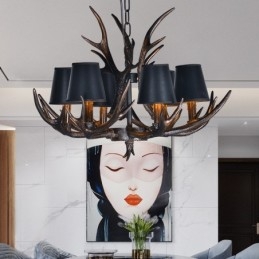 Lustre antigo de chifre retrô artístico rústico preto de 6 luzes com abajures