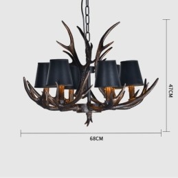 Lustre antigo de chifre retrô artístico rústico preto de 6 luzes com abajures