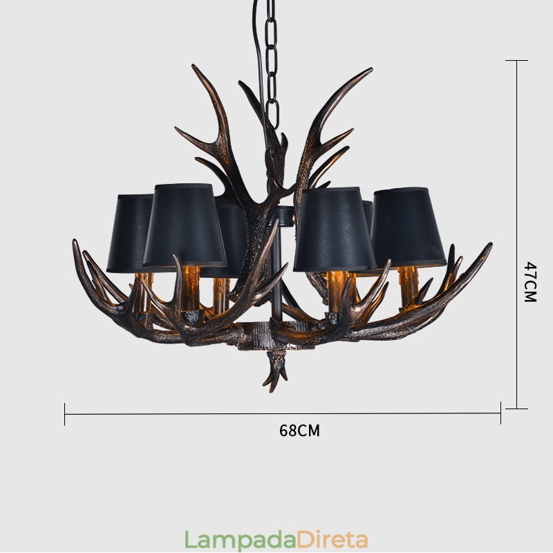 Lustre antigo de chifre retrô artístico rústico preto de 6 luzes com abajures