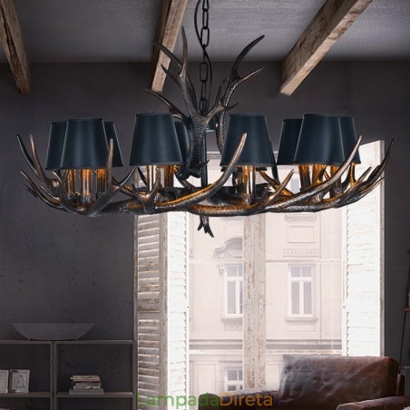 Lustre antigo de chifre retrô com abajures Lustre antigo de chifre retrô com abajures