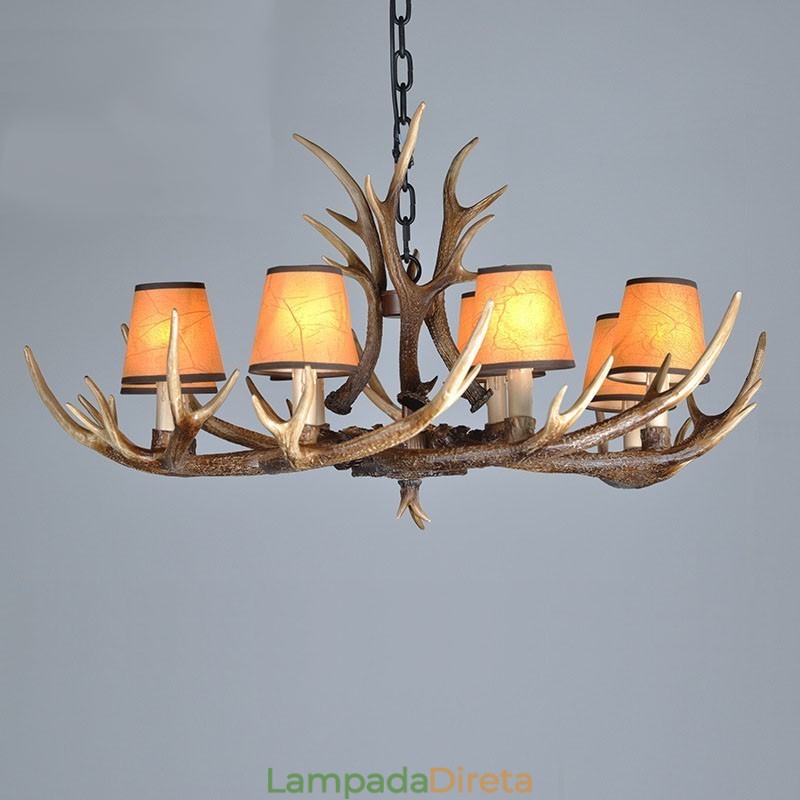 Lustre antigo de chifre retrô artístico rústico de 8 luzes com abajures