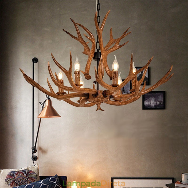 Lustre antigo de chifre retrô artístico rústico de 6 luzes