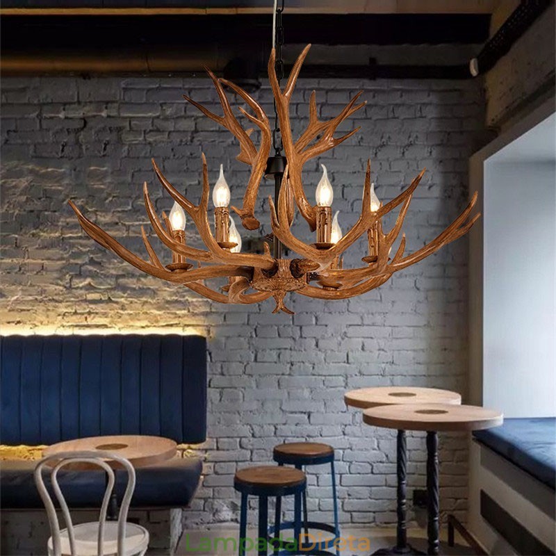 Lustre antigo de chifre retrô artístico rústico de 6 luzes