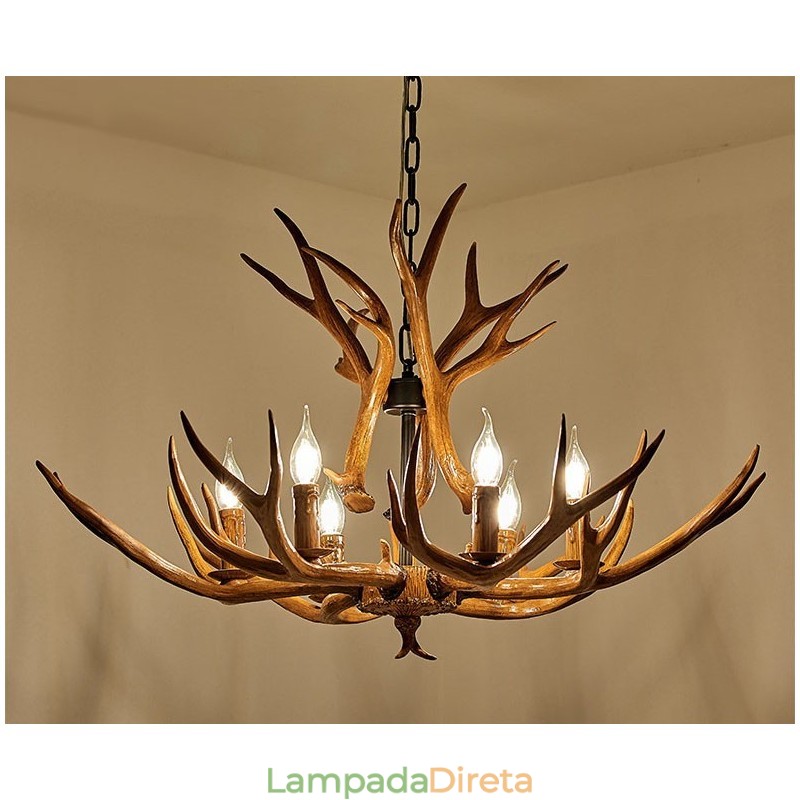Lustre antigo de chifre retrô artístico rústico de 6 luzes