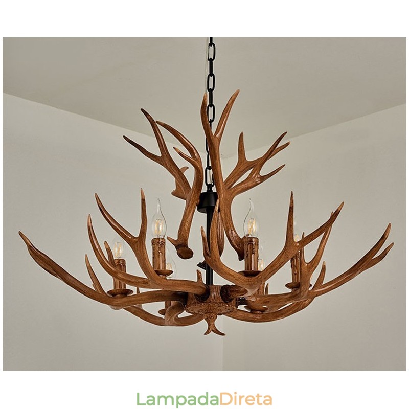 Lustre antigo de chifre retrô artístico rústico de 6 luzes