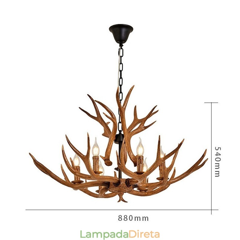 Lustre antigo de chifre retrô artístico rústico de 6 luzes
