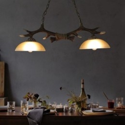 2 Luzes Preto Rústico Artístico Retro Antler Antigo Pendente Luz com Sombra de Vidro