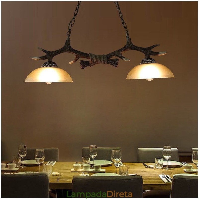 2 Luzes Preto Rústico Artístico Retro Antler Antigo Pendente Luz com Sombra de Vidro