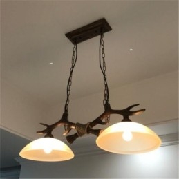 2 Luzes Preto Rústico Artístico Retro Antler Antigo Pendente Luz com Sombra de Vidro
