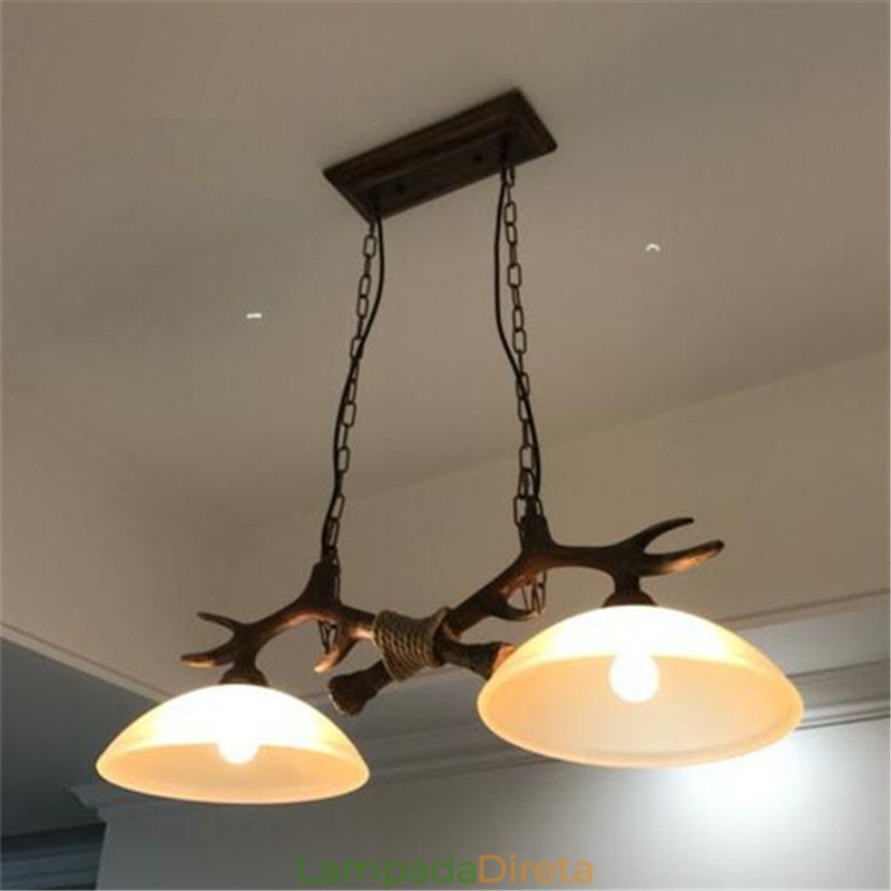 2 Luzes Preto Rústico Artístico Retro Antler Antigo Pendente Luz com Sombra de Vidro