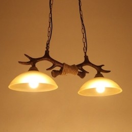 2 Luzes Preto Rústico Artístico Retro Antler Antigo Pendente Luz com Sombra de Vidro