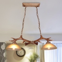 2 Luzes pendentes antigas de chifres retrô artísticos rústicos castanhos claros com cúpula de vidro