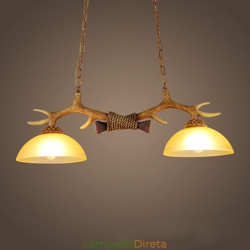 2 Luzes pendentes antigas de chifres retrô artísticos rústicos castanhos claros com cúpula de vidro