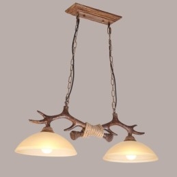 2 Luzes pendentes antigas de chifres retrô artísticos rústicos castanhos claros com cúpula de vidro