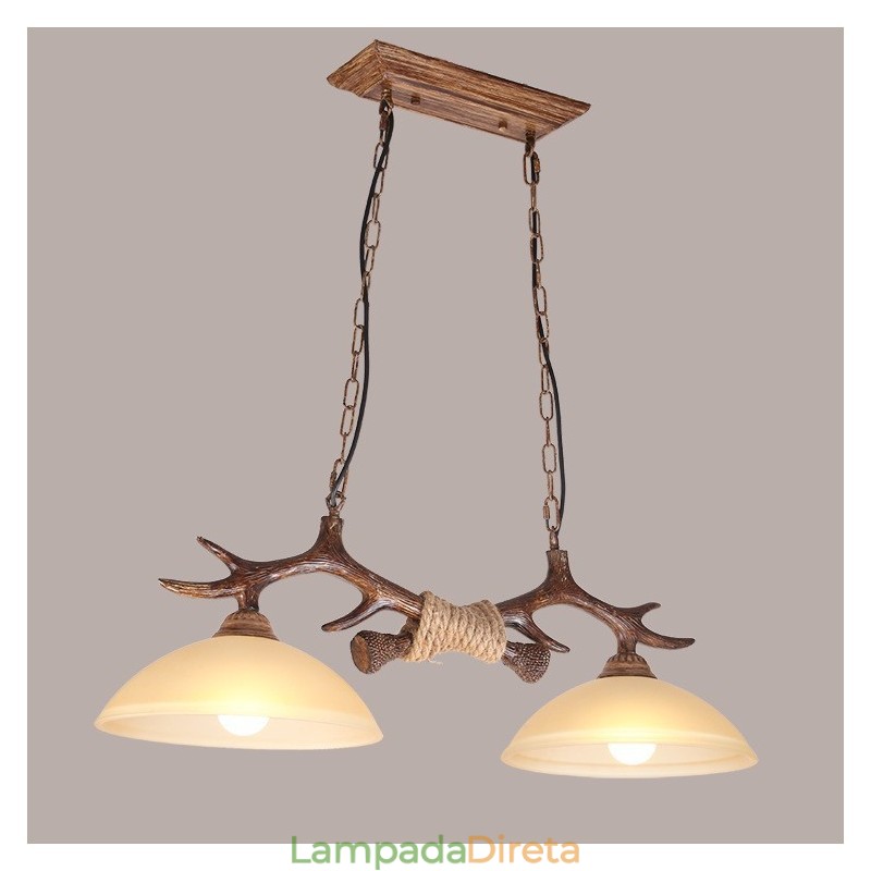 2 Luzes pendentes antigas de chifres retrô artísticos rústicos castanhos claros com cúpula de vidro