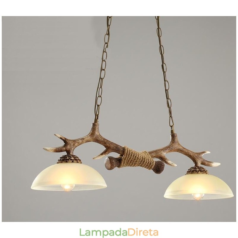 2 Luzes pendentes antigas de chifres retrô artísticos rústicos castanhos claros com cúpula de vidro