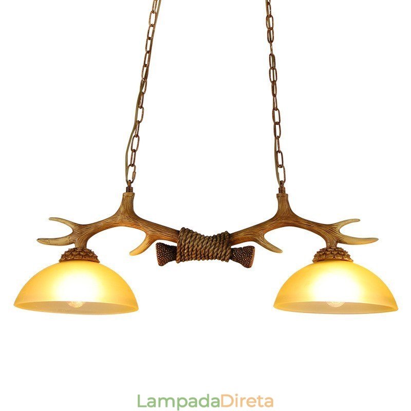 2 Luzes pendentes antigas de chifres retrô artísticos rústicos castanhos claros com cúpula de vidro