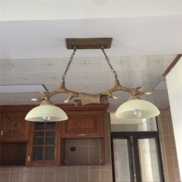 2 Luzes pendentes antigas de chifres retrô artísticos rústicos castanhos claros com cúpula de vidro